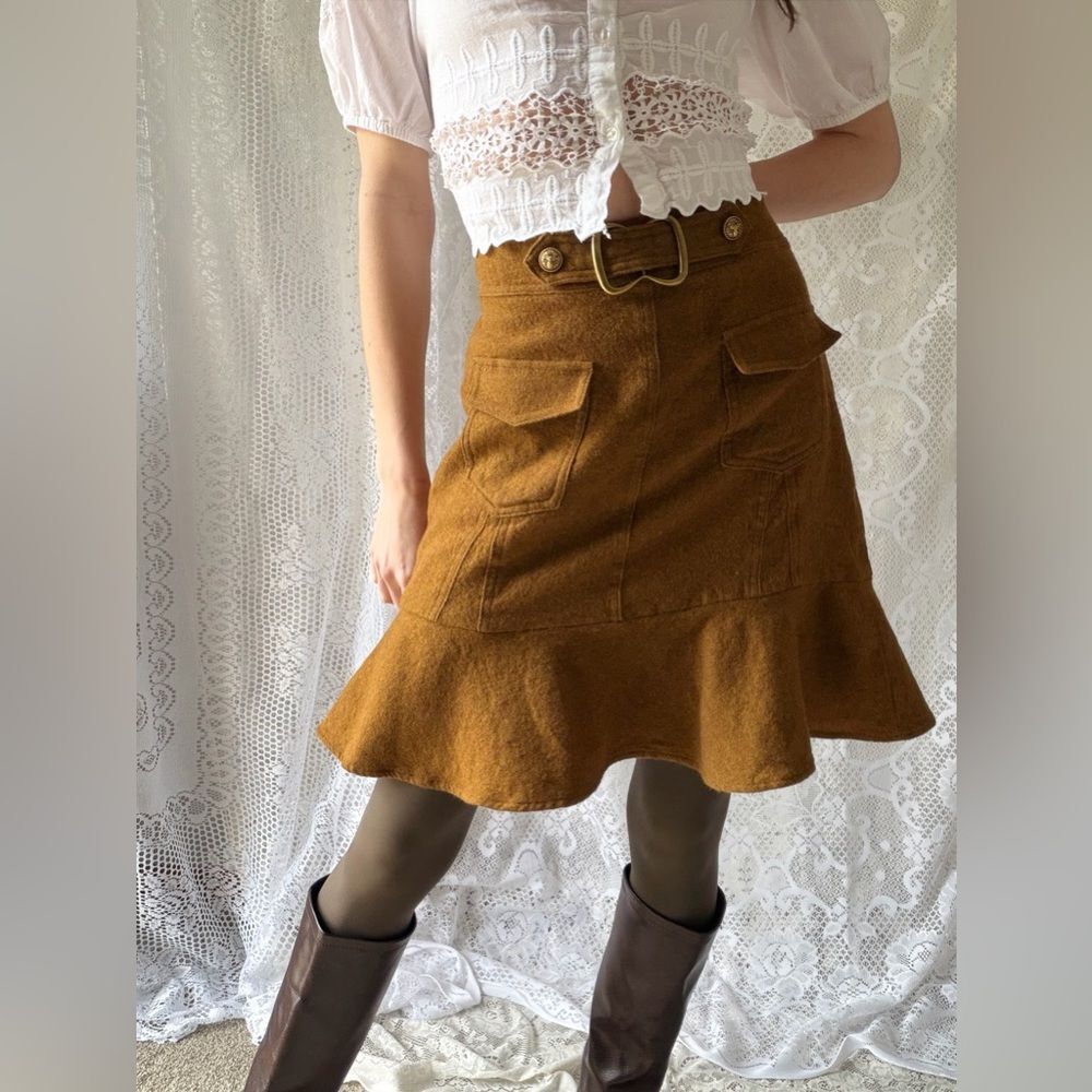 Vintage Inspired Mustard Wool Cargo Mini Skirt Buckle Flounce Hem